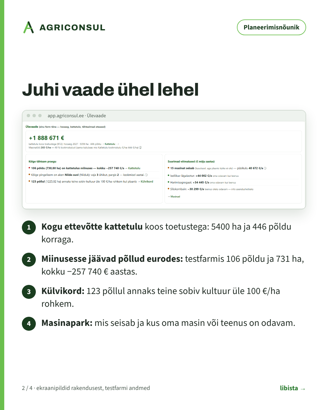 Planeerimisnõuniku Ülevaade testfarmi andmetega